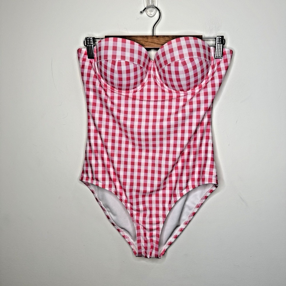 GAP‎ Gingham Pink One Piece Swimsuit Strapless Corset Bustier Bandeau Women's M
